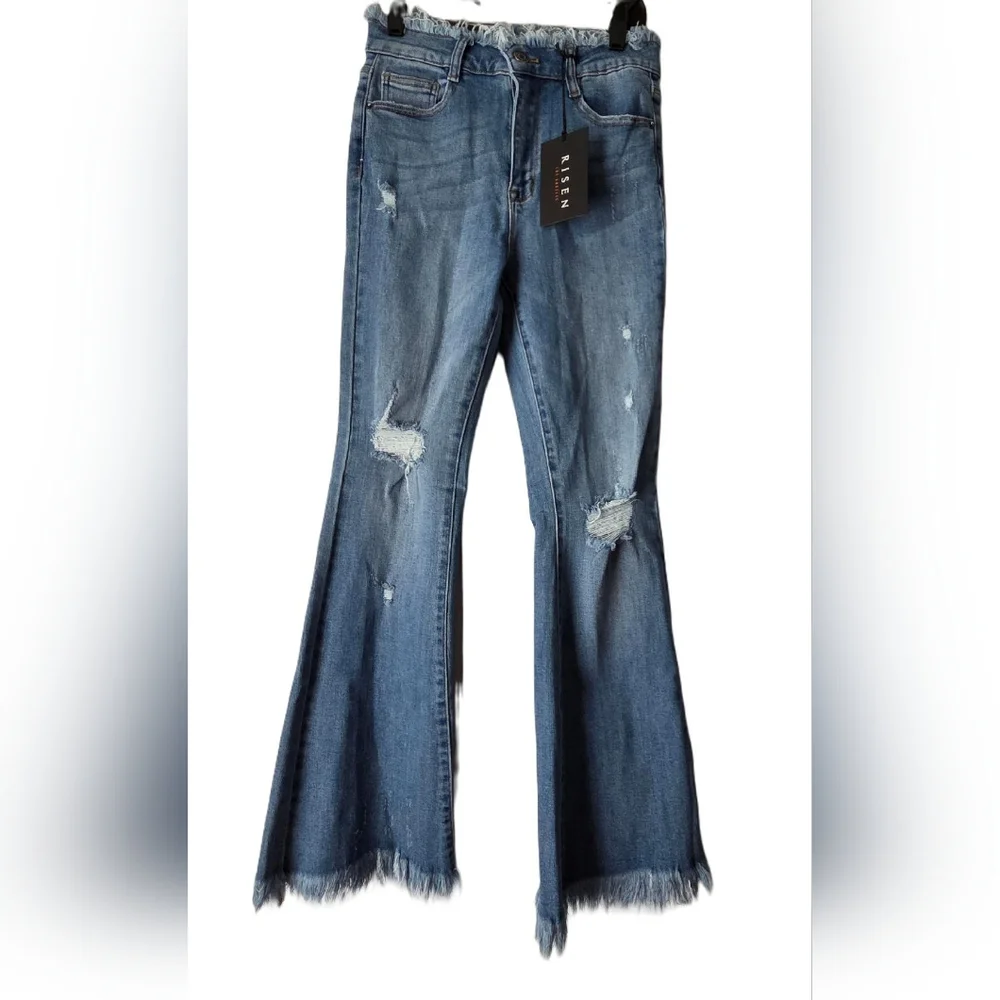 NWT Risen Raw Edge Waist W Frayed Hem Flare Jeans 27/5 - Picture 2 of 13